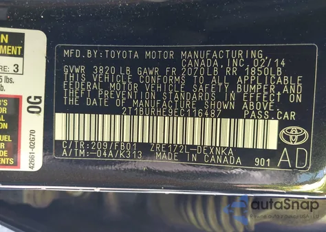 2014 Toyota Corolla Le z USA, uszkodzony, nr VIN 2T1BURHE9EC116487